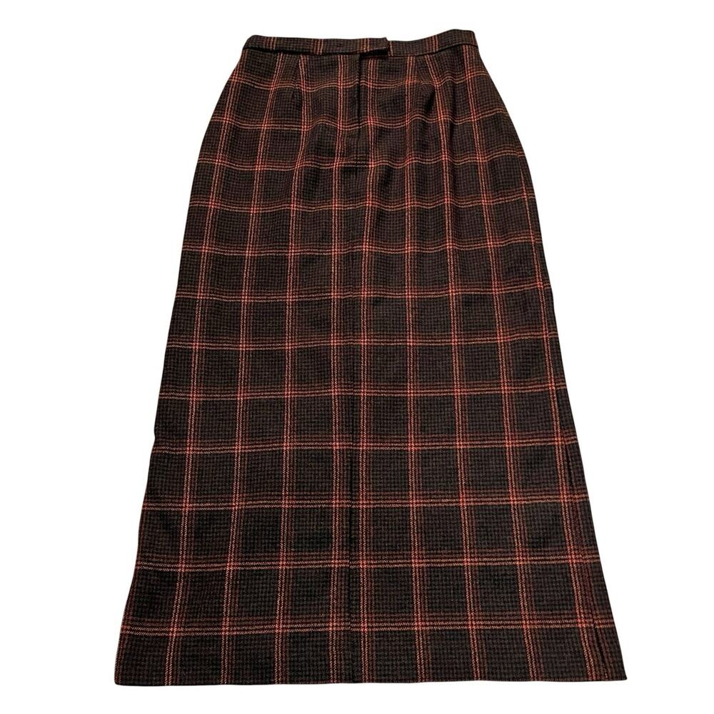 90s VTG Wool Plaid Maxi Skirt 10/12 Straight Brown Multi Fall Winter Academia